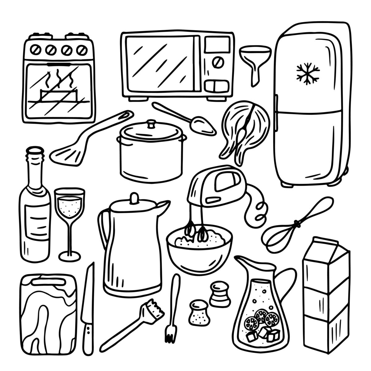 set-of-doodle-kitchen-tools-doodle-kitchen-equipments-illustration-isolated-on-white-background-perfect-for-wallpaper-pattern-fills-textile-etc-vector